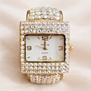 LZ New York Vintage Rhinestone Cuff Watch Gold Tone Quartz Japan Movt